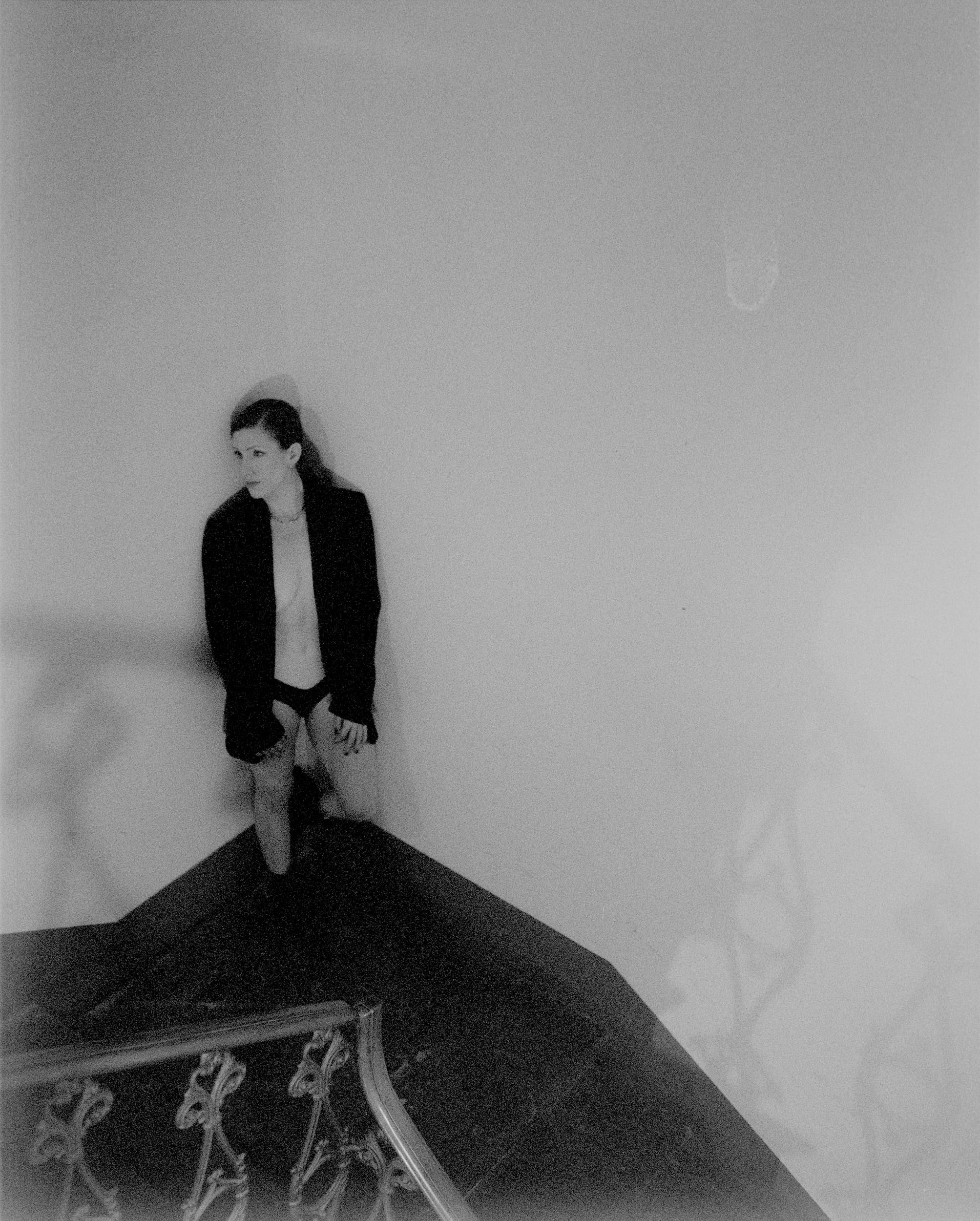 Black and white analog photograph shot on Mamiya RZ67 Pro II and Ilford Delta 3200 Professional in Florence, Italy by TheAnalogPhotographer (United States). [Fashion]
