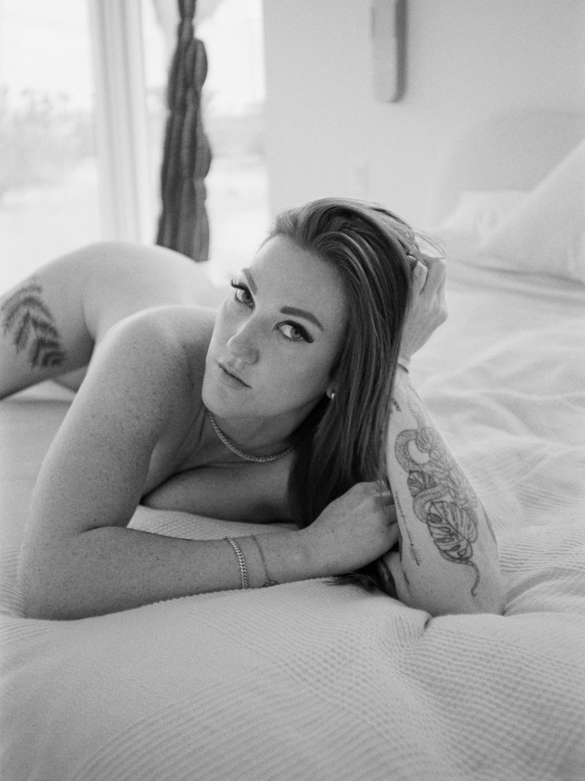 Black and white analog photograph shot on Canon AF35M and Kodak Professional T-Max 400 with 35mm f2.8 in Joshua Tree, California by Jack_von_Linden (United States). [Boudoir (NSFW)]