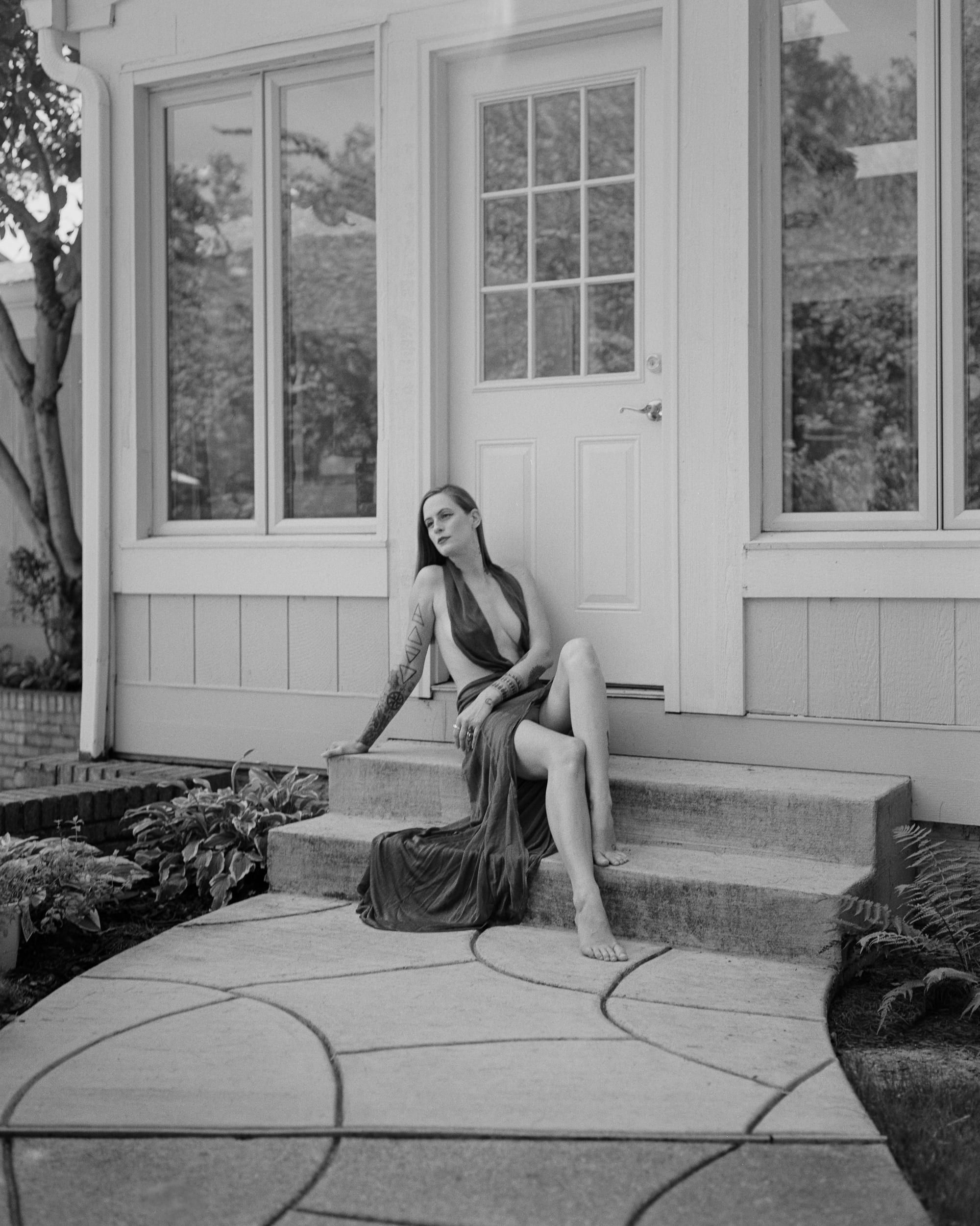 Black and white analog photograph shot on Plaubel Makina 670 and Ilford Hp5 Plus with Nikkor 80mm f2.8 (fixed) in Columbus, Ohio by Jack_von_Linden (United States). [Boudoir (SFW)]