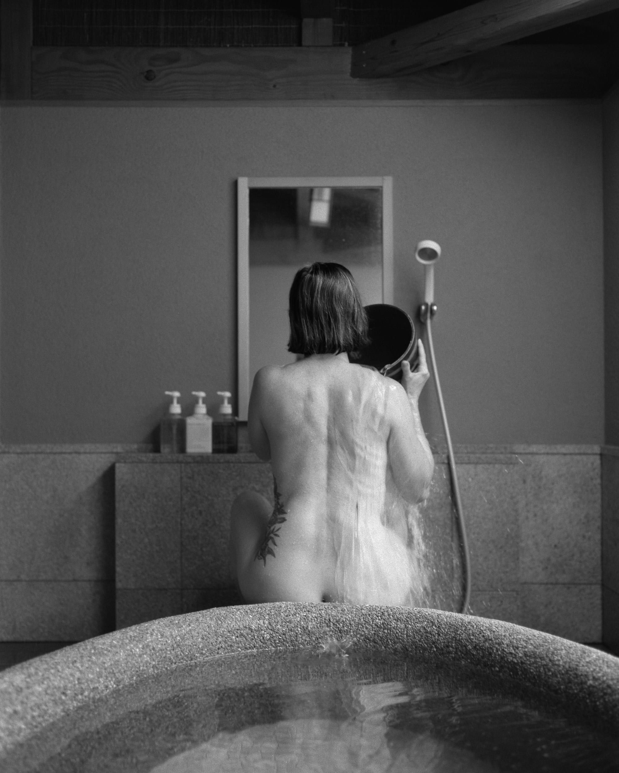 Black and white analog photograph shot on Plaubel Makina 670 and Kentmere Pan 400 with Nikkor 80mm f2.8 (fixed) in Hakone, Japan by Jack_von_Linden (United States). [Boudoir (NSFW)]